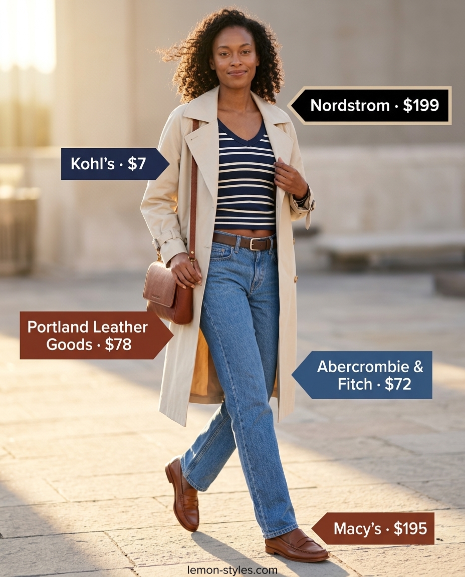 Classic summer v-neck outfits women 2026: Navy stripe tee, beige trench coat, jeans, loafers for weekend travel.