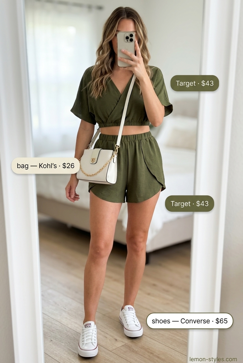 Playful summer v-neck outfits women 2026: Olive green V-neck crop top & shorts set, white sneakers, cream crossbody bag.