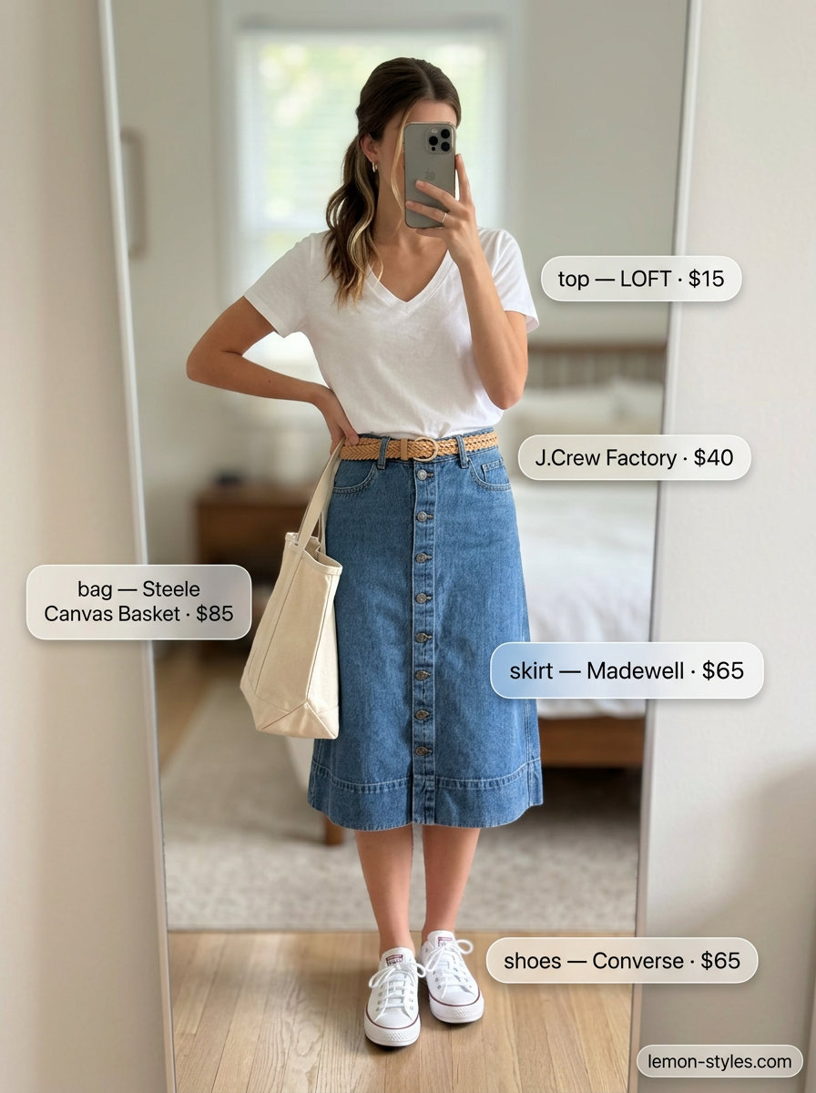 Casual chic summer v-neck outfit women 2026: white tee, denim midi skirt, tan belt, white sneakers.
