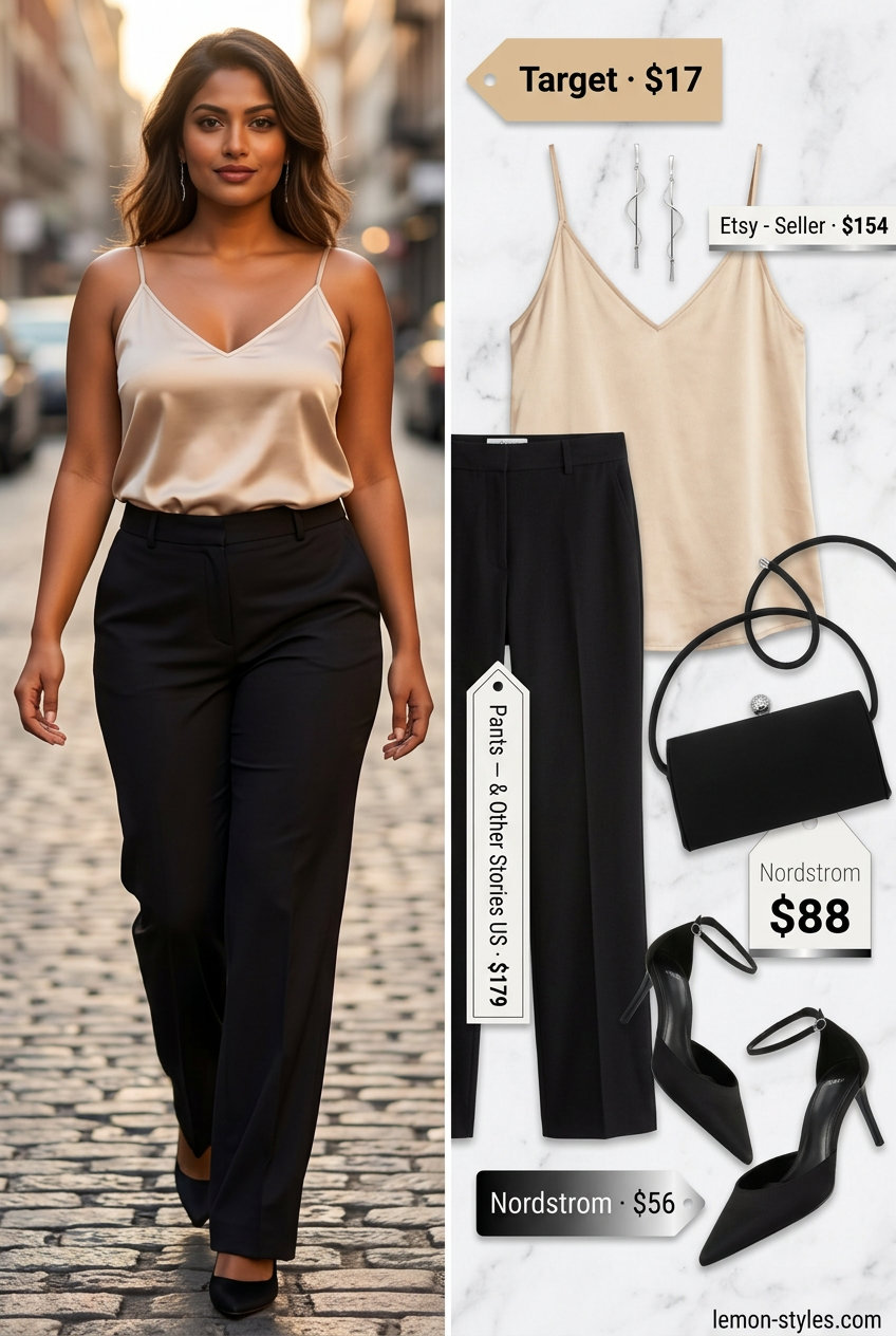 Sophisticated summer v-neck outfits women 2026: Champagne satin cami, black trousers, and silver earrings for a dinner date.
