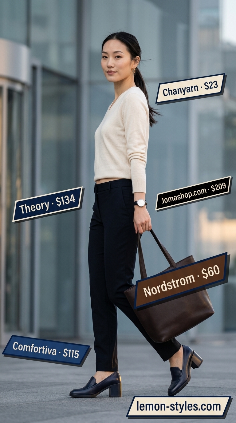 Polished summer v-neck outfits women 2026: Cream V-neck sweater, black trousers, and loafers for business casual.