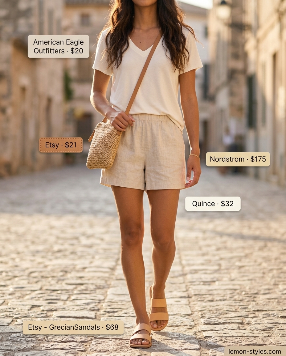 Effortless summer v-neck outfits women 2026: Cream V-neck tee, linen shorts, and slide sandals for a beach day.