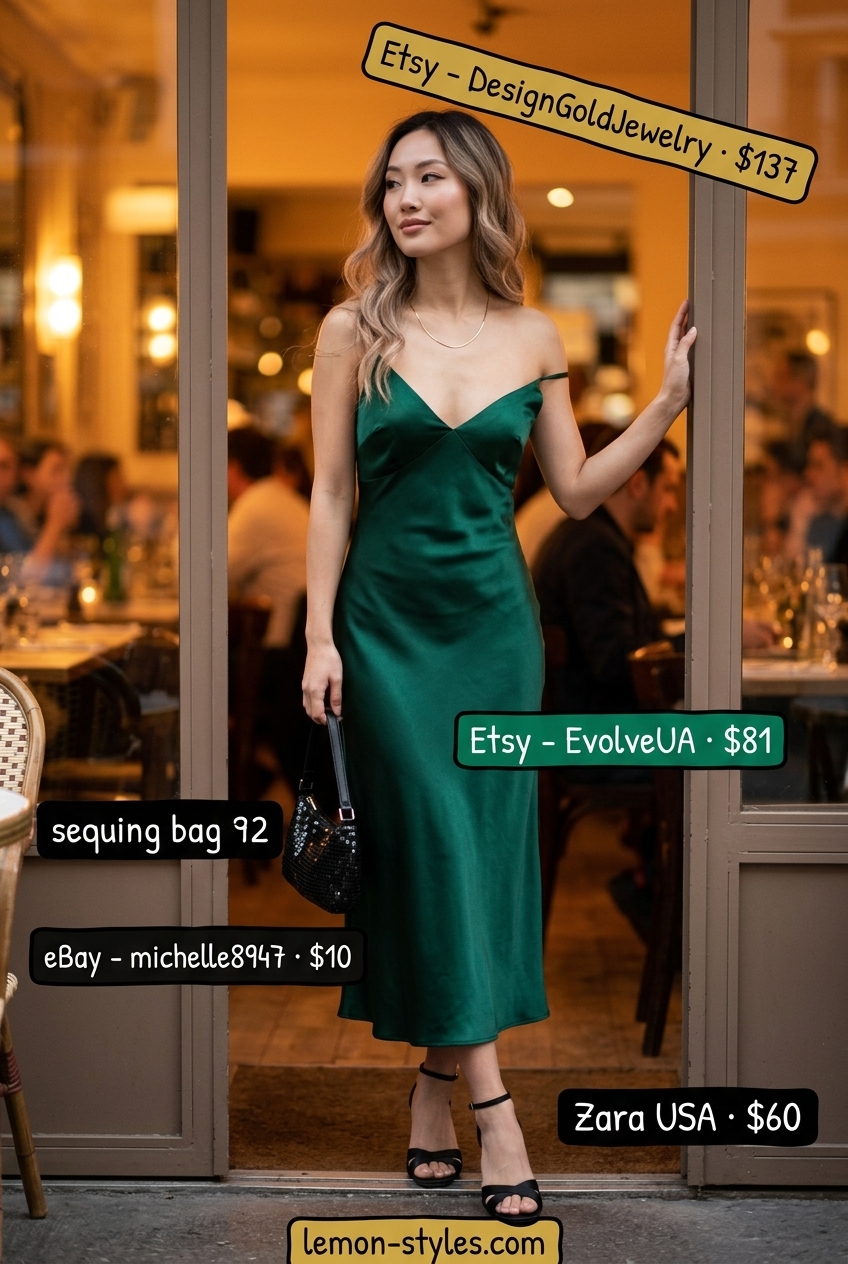 Glamorous summer v-neck outfit women 2026: emerald satin slip dress, black heels.