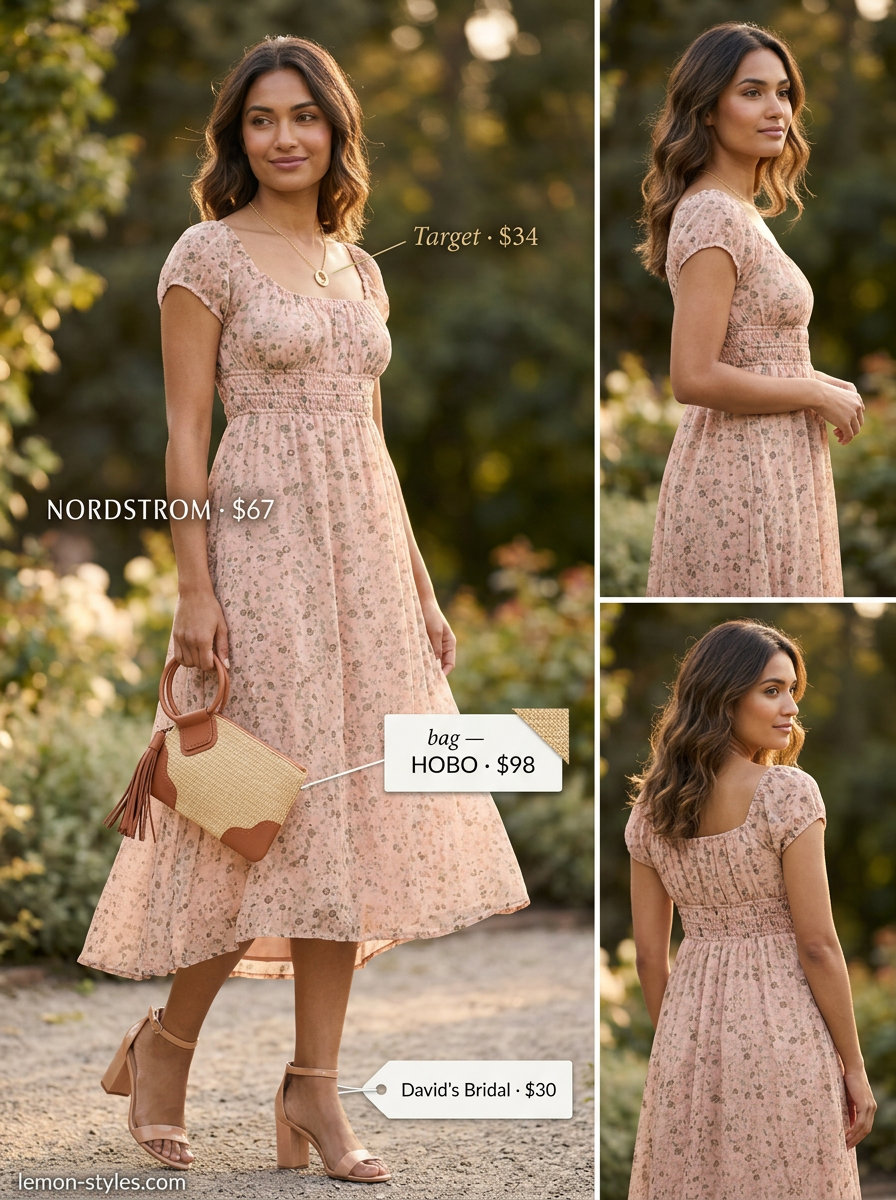 Elegant summer v-neck outfits women 2026: Blush pink floral dress, block heels, and straw clutch for a garden party.