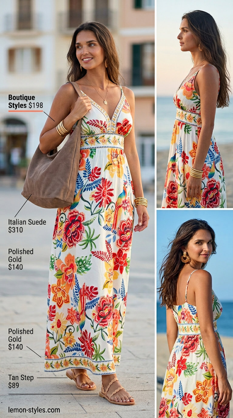 Bohemian summer v-neck outfits women 2026: Coral floral maxi dress, tan sandals, and gold bangles for a beach vacation.