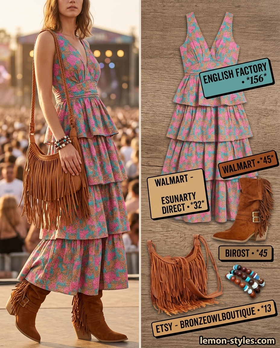 Bohemian summer v-neck outfit women 2026: floral maxi dress, suede boots, fringe bag.