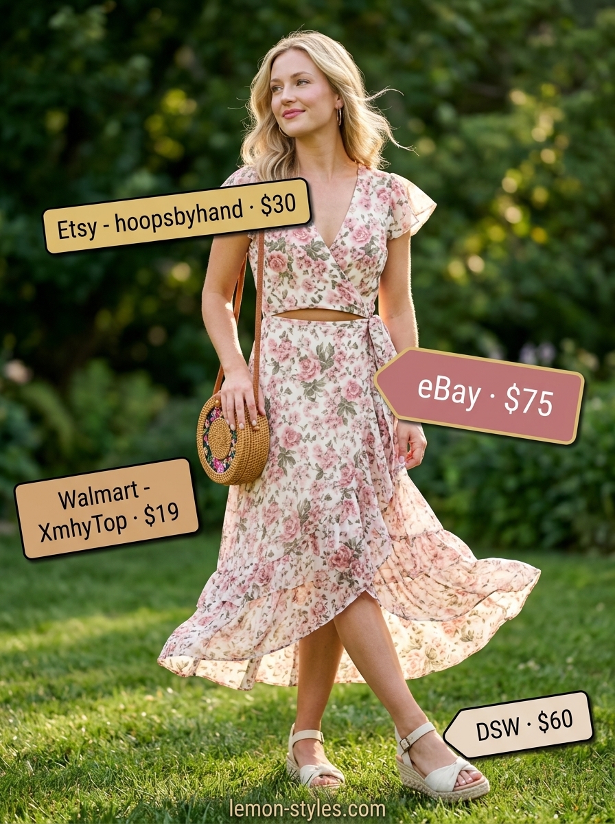 Feminine summer v-neck outfit women 2026: floral wrap dress, espadrille wedges.