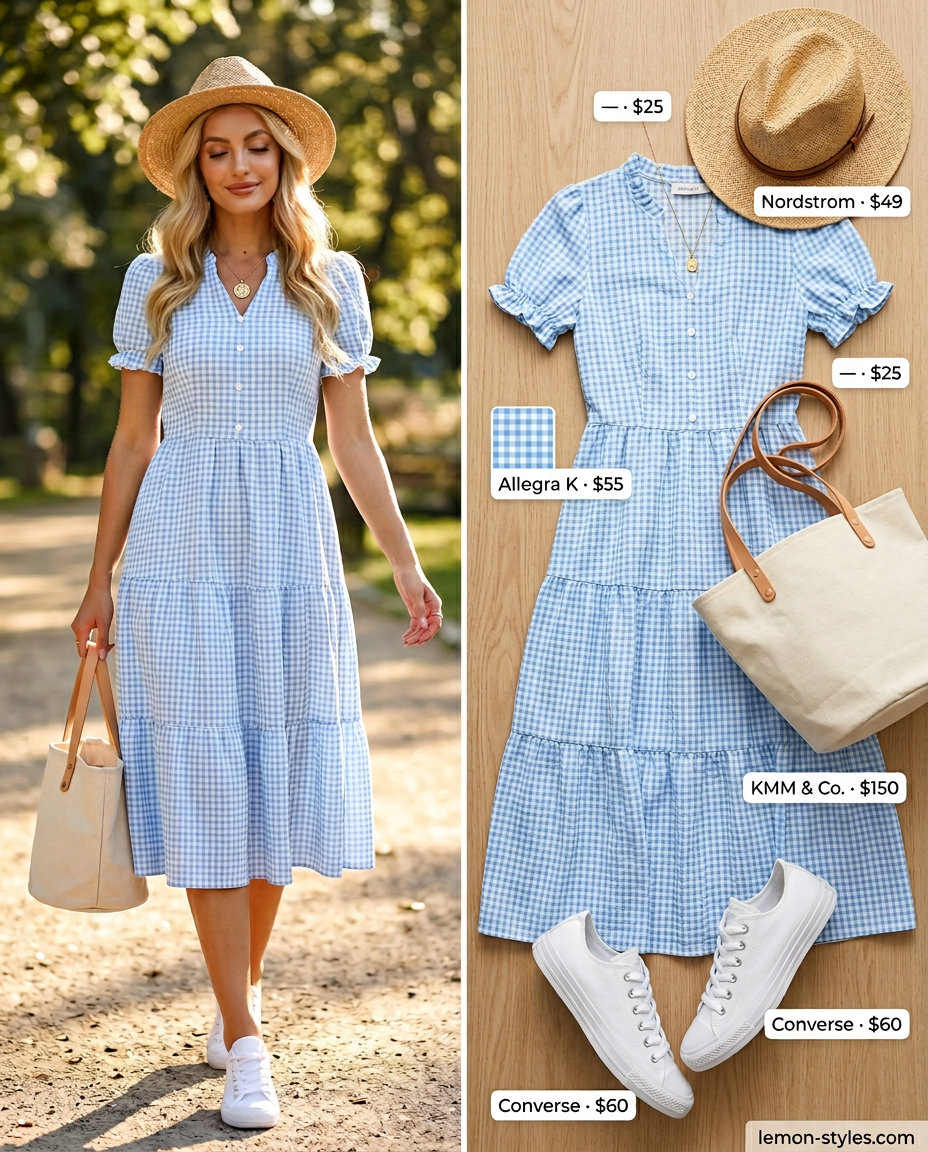 Playful summer v-neck outfit women 2026: light blue gingham dress, canvas sneakers.