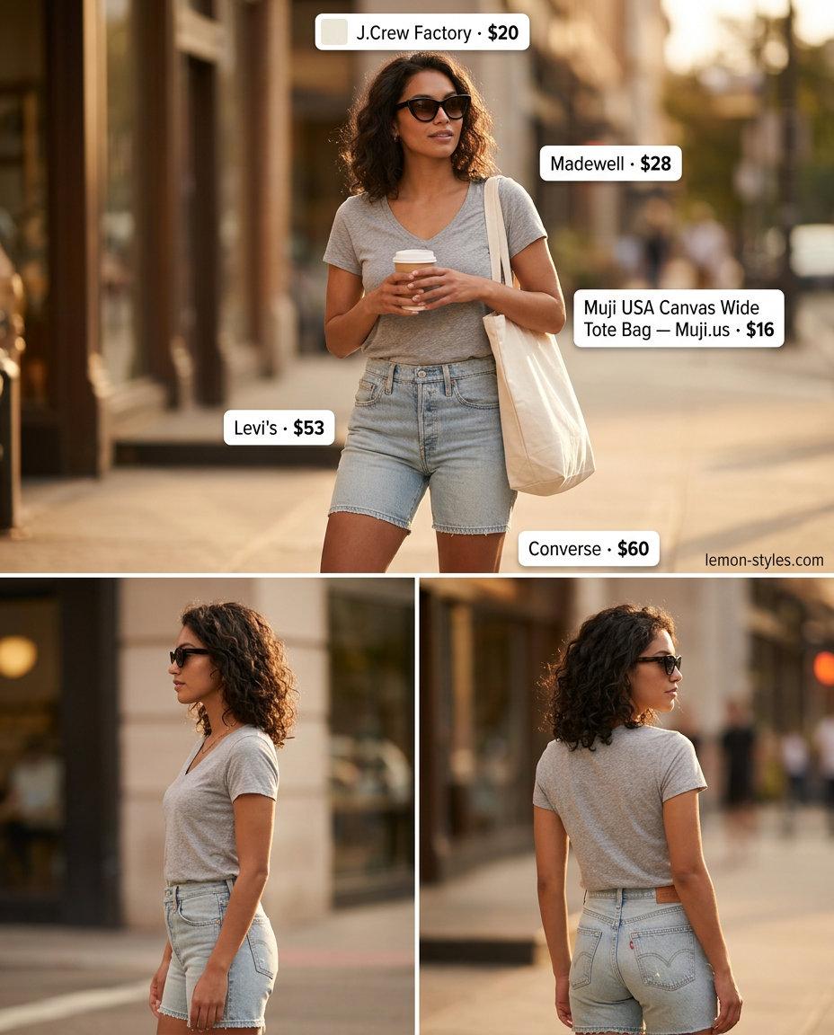 Casual summer v-neck outfits women 2026: Grey V-neck tee, denim shorts, and canvas sneakers for everyday wear.