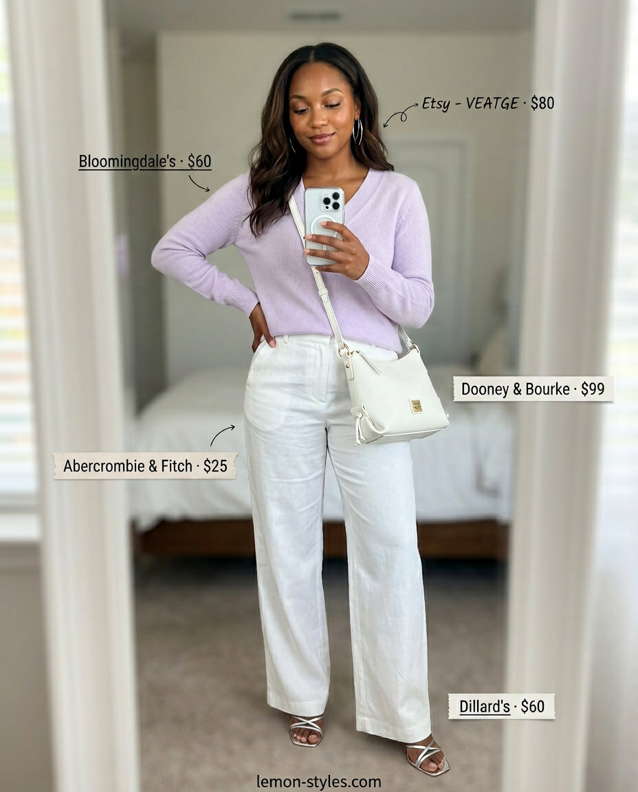 Chic summer v-neck outfit women 2026: lavender knit, white trousers, silver sandals & bag.