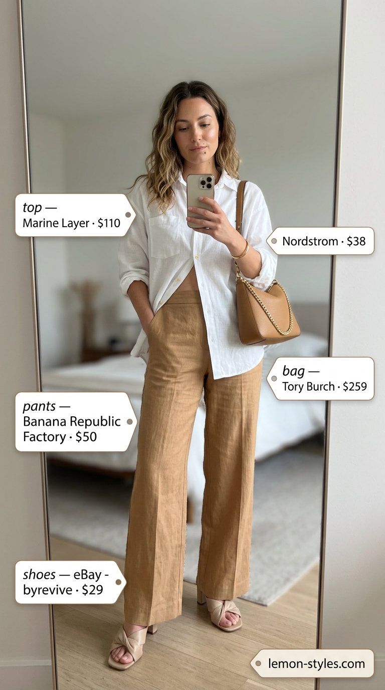 Elevated summer v-neck outfit women 2026: white linen shirt, camel pants, leather mules.
