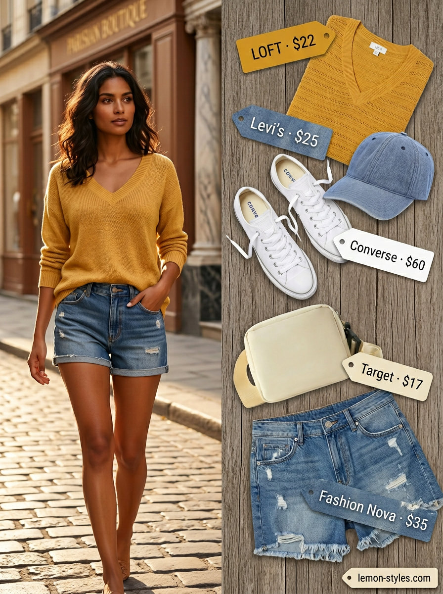 Comfortable summer v-neck outfits women 2026: Mustard V-neck sweater, denim shorts, and canvas sneakers for weekend travel.