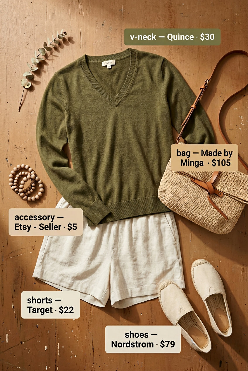 Relaxed summer v-neck outfits women 2026: Olive green knit sweater, cream linen shorts, and espadrilles for a casual evening.