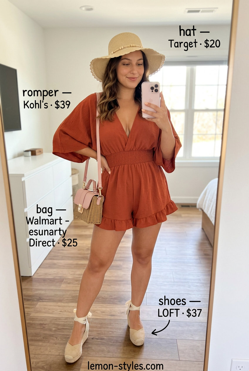 Easy summer v-neck outfit women 2026: terracotta romper, straw accessories.