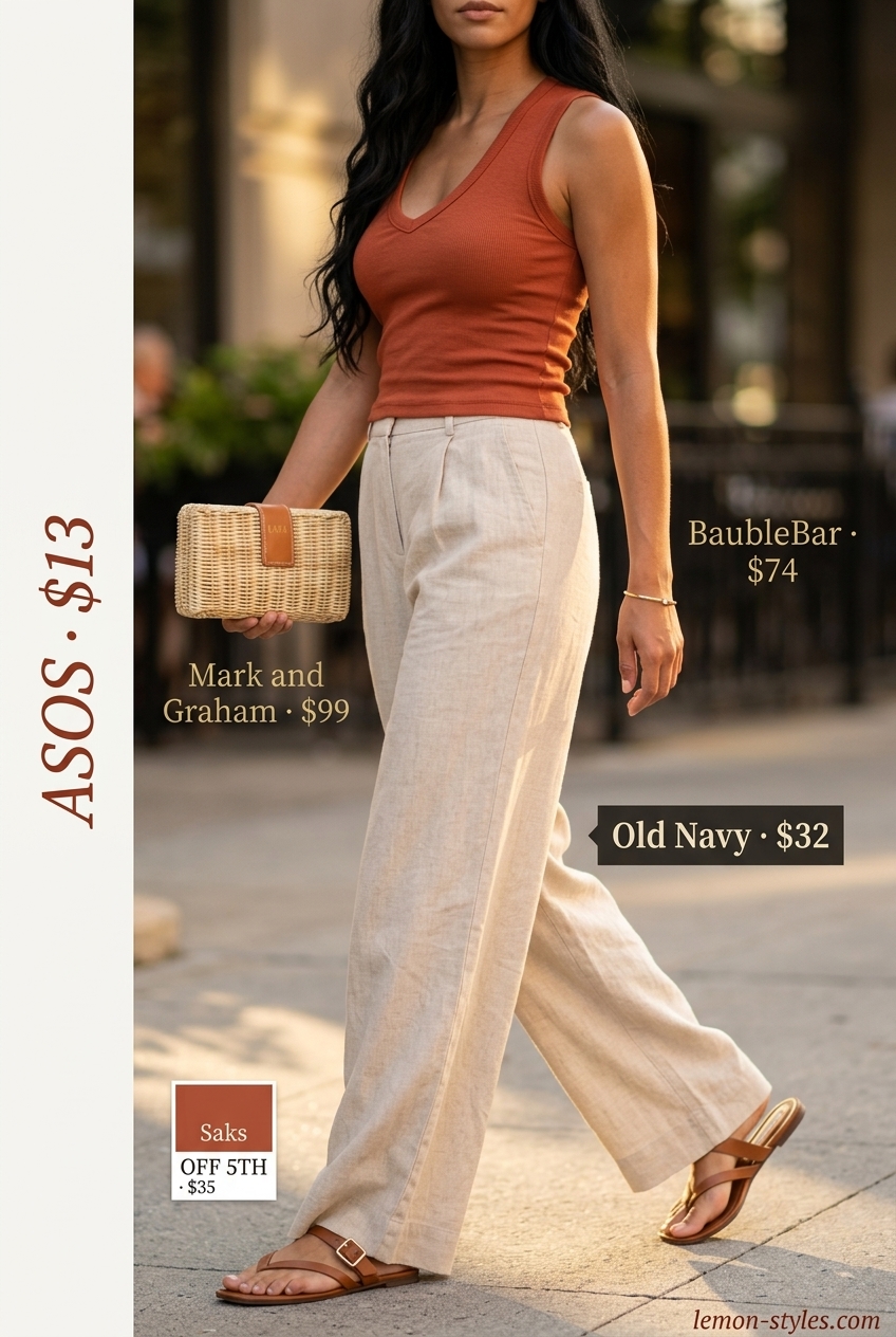 Chic summer v-neck outfit women 2026: terracotta tank, beige linen pants, straw clutch.
