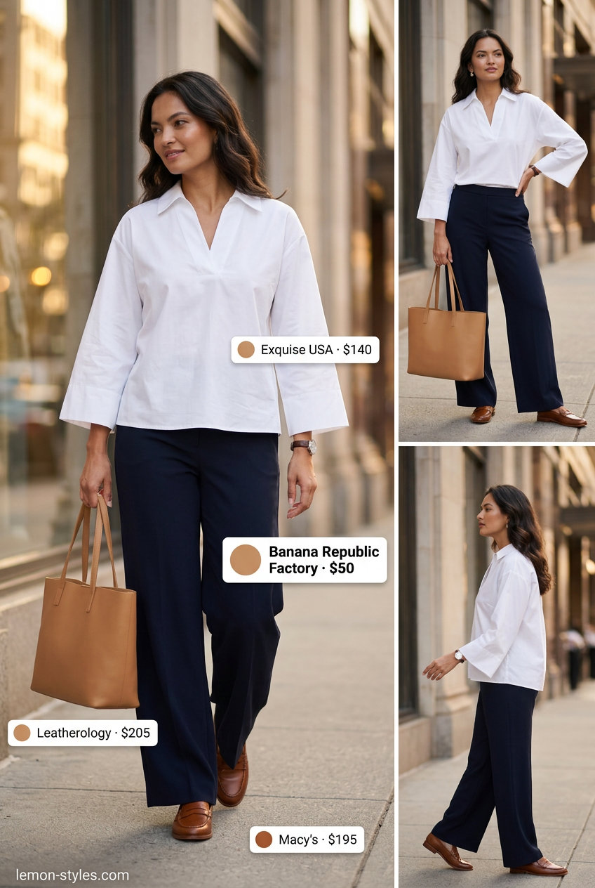 Professional summer v-neck outfits women 2026: White V-neck blouse, navy wide-leg pants, and tan loafers for the office.