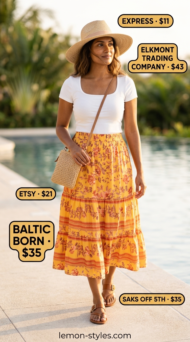 Beachside Boho Skirt 2026 | Bohemian Vacation Outfits Beachside boho skirt outfit for summer vacation capsule outfits for women 2026. Dusty rose floral skirt with white crop top.