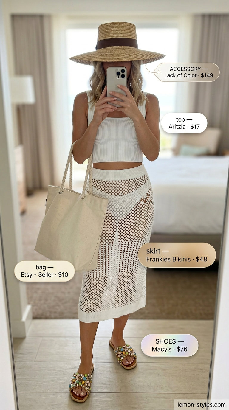 Boho Beach Cover-Up 2026 | Resort Casual Outfits Boho beach cover-up outfit for summer vacation capsule outfits for women 2026. Cream crochet skirt with white tank and straw hat.