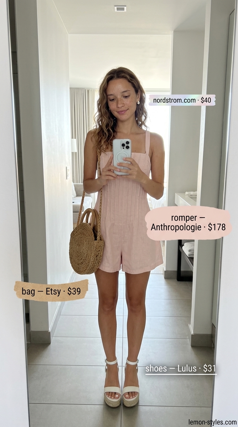 Summer Vacation Outfits 2026: Brunch Bloom Romper Blush pink linen romper, white espadrilles & pearl studs for summer vacation capsule outfits for women 2026.