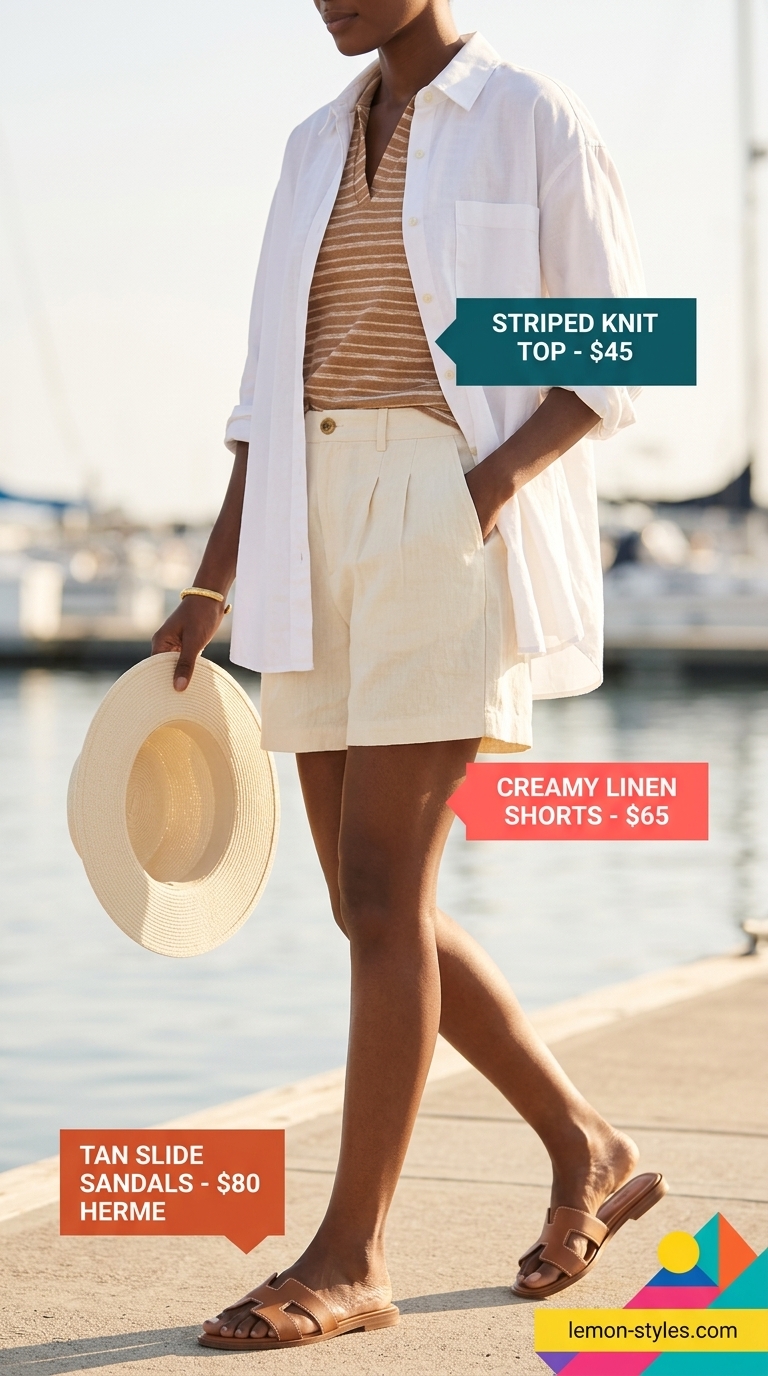 Summer Vacation Capsule Outfits 2026: Chic Brunch Style Chic cream linen shorts & white button-down for summer vacation capsule outfits for women 2026. Perfect for brunch.