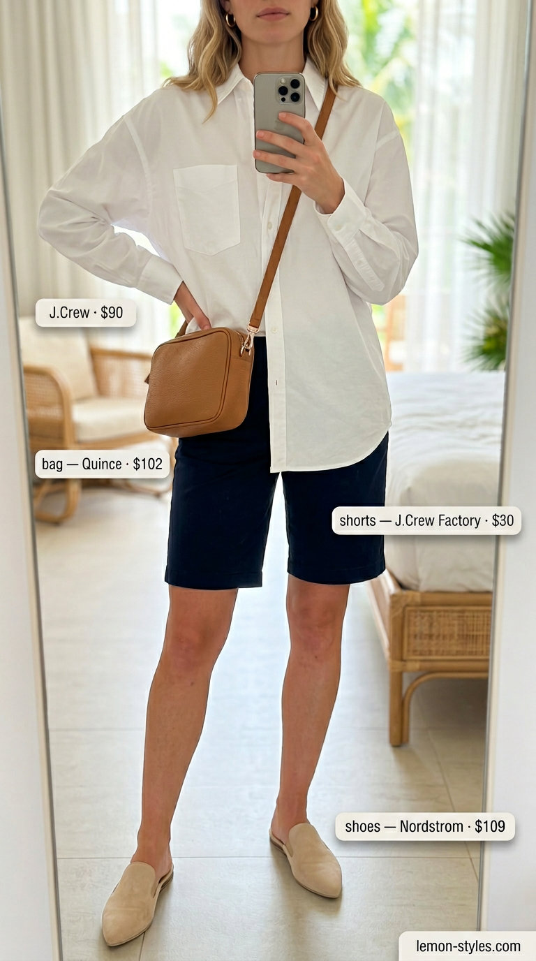 Chic City Shorts: Summer Vacation Outfits 2026 Navy shorts, white shirt, tan mules, and leather bag for summer vacation capsule outfits for women 2026.
