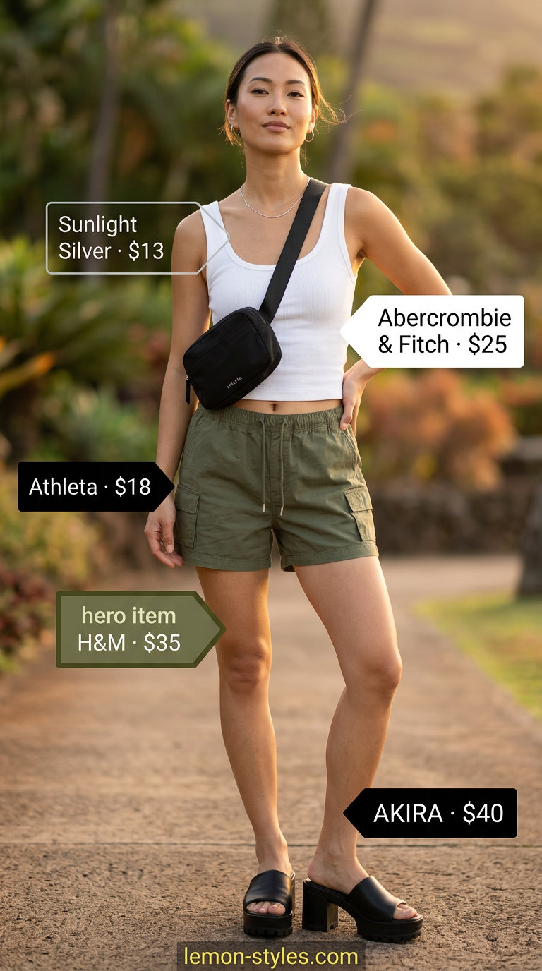 Utility Shorts: Summer Vacation Outfits 2026 Khaki utility shorts, white tank, black sandals, and belt bag for summer vacation capsule outfits for women 2026.