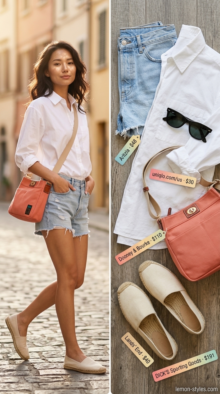 Summer Vacation Outfits 2026: City Explorer Casual White shirt, denim shorts & canvas flats for summer vacation capsule outfits for women 2026.