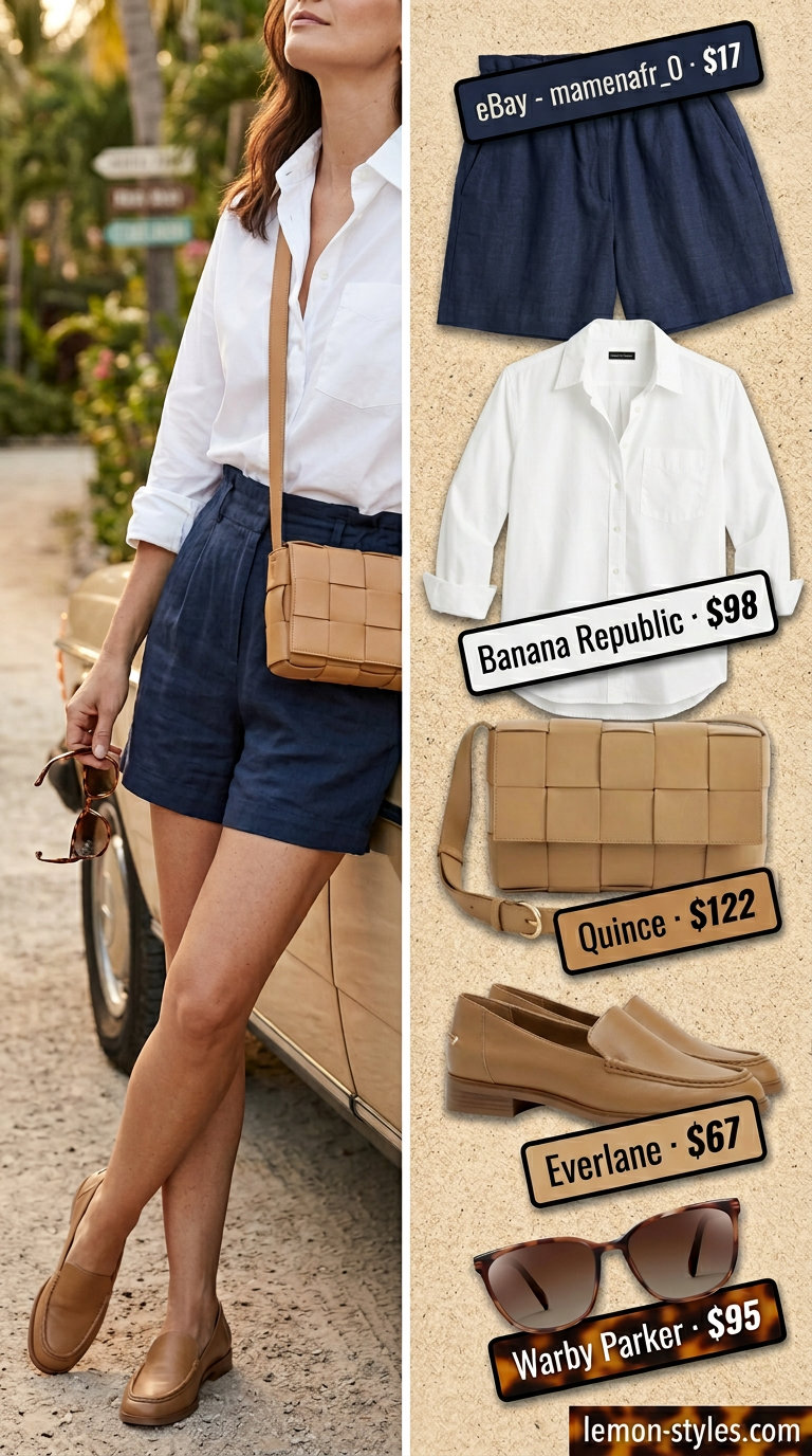 City Sightseeing Chic: Summer Vacation Outfits 2026 Navy linen shorts, white shirt, loafers, and leather bag for summer vacation capsule outfits for women 2026.