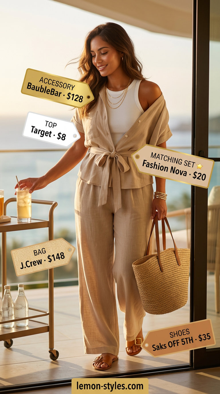 Coastal Breeze Linen Set 2026 | Summer Vacation Outfits Coastal Breeze linen set for summer vacation capsule outfits for women 2026. Natural beige shirt & pants with white tank and tan slides.