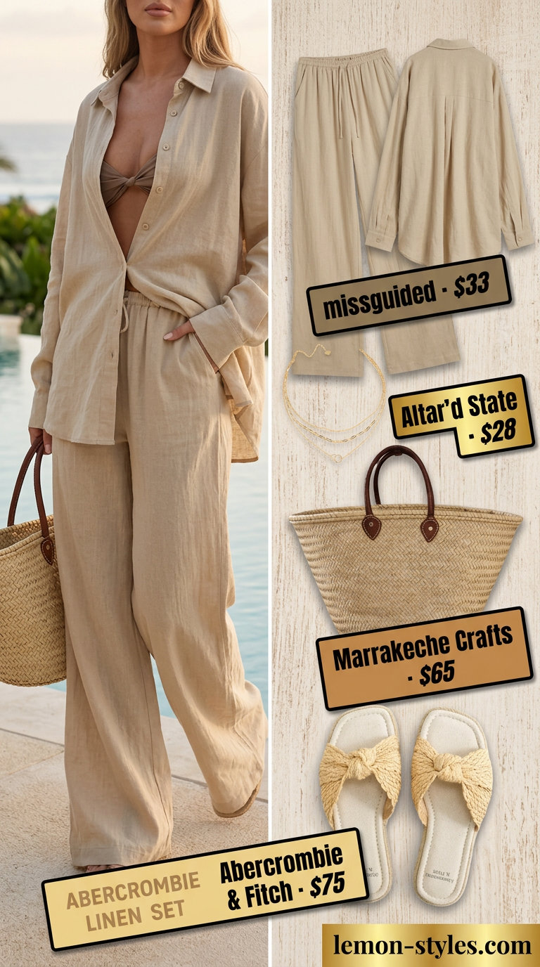 Linen Set: Summer Vacation Outfits 2026 Cream linen set with button-down shirt and wide-leg pants, espadrilles, and straw tote for summer vacation capsule outfits for women 2026.