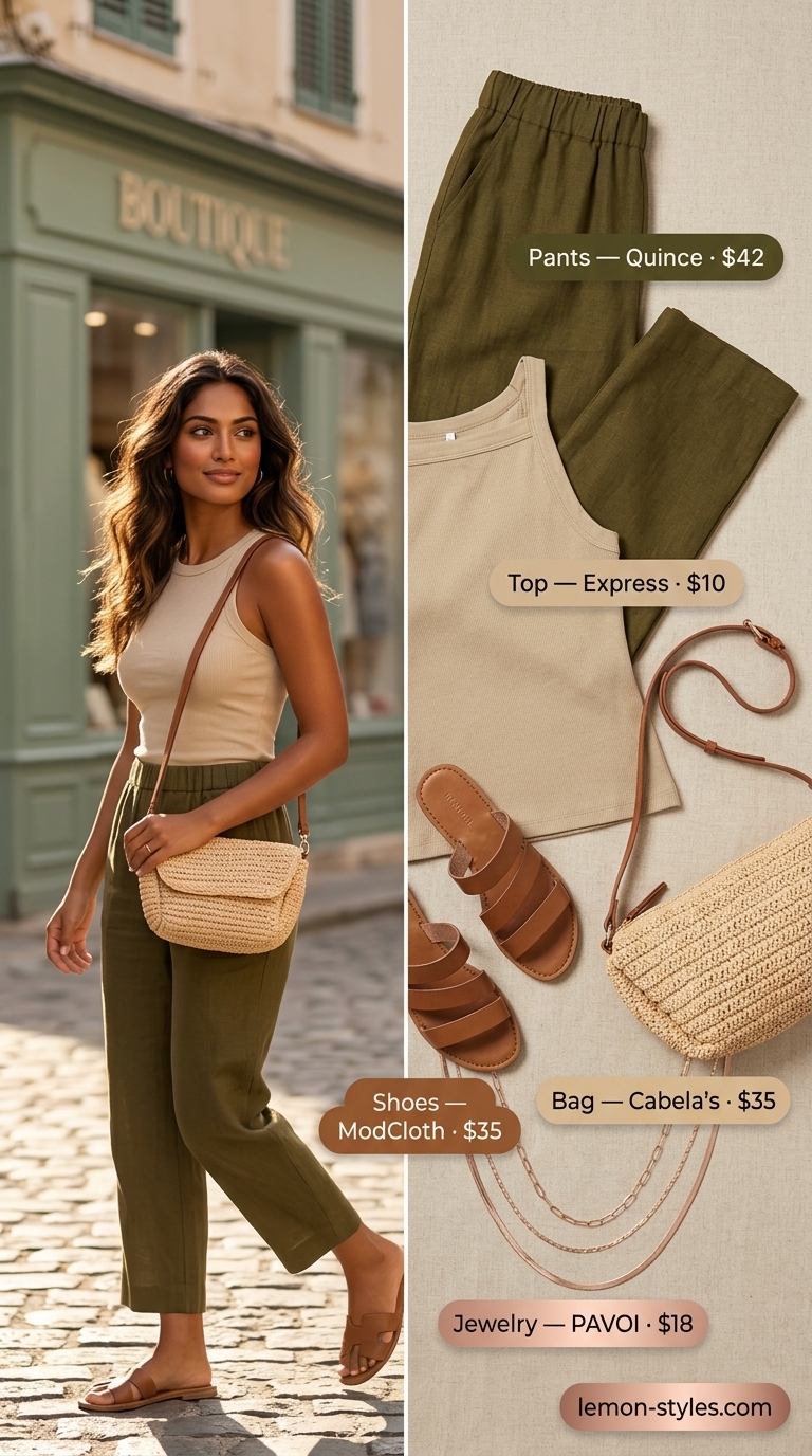 Summer Vacation Capsule Outfits 2026: Coastal Linen Pants Relaxed sage green linen pants for summer vacation capsule outfits for women 2026. Effortless beach lunch style.