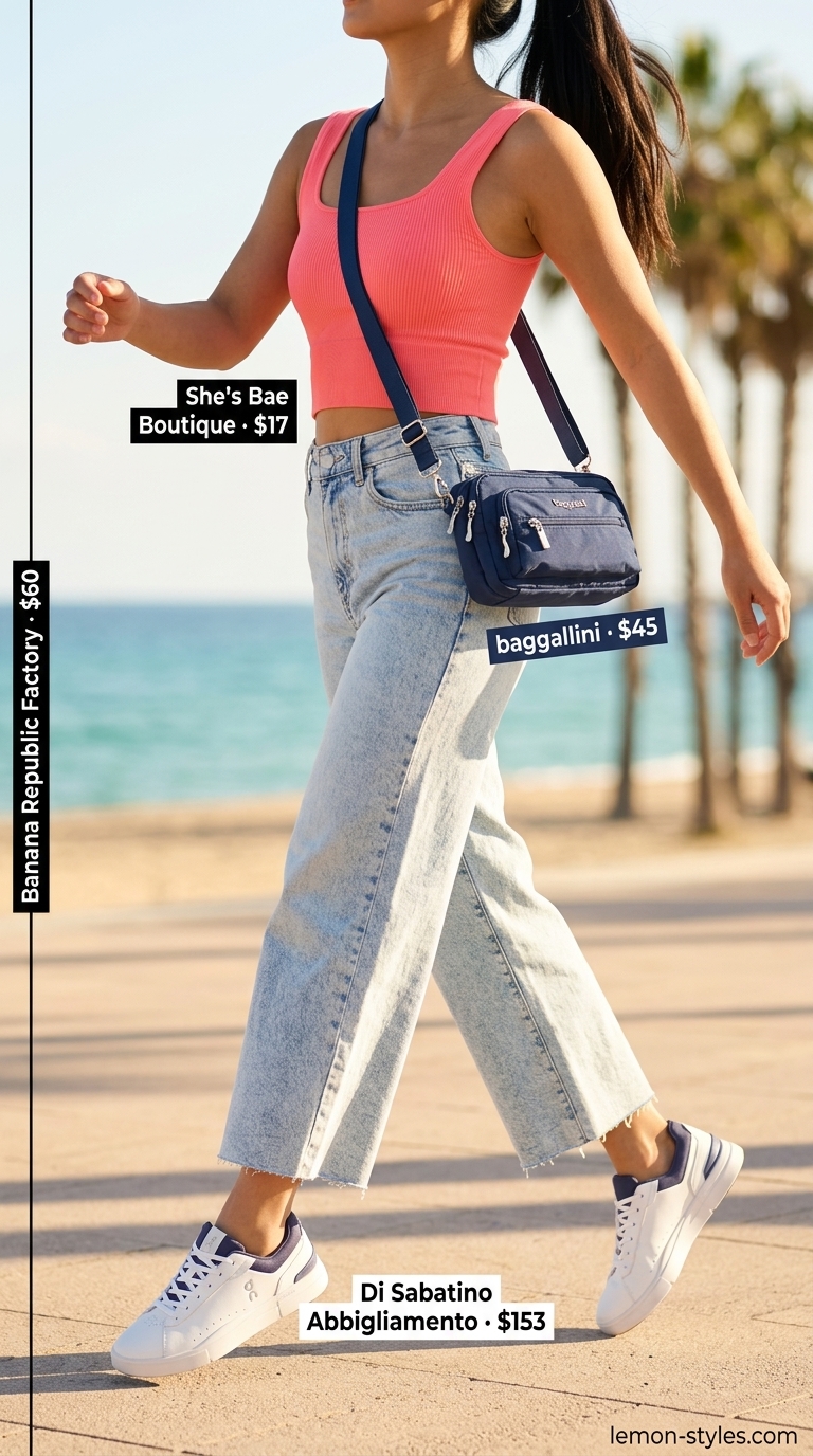 Summer Vacation Capsule Outfits 2026: Coral Adventure Top Energetic coral crop top for summer vacation capsule outfits for women 2026. Casual coastal adventure style.