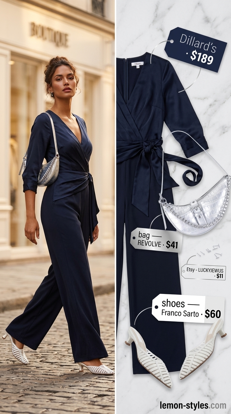 Summer Vacation Outfits 2026: Elegant Riviera Evening Navy wide-leg jumpsuit, ivory mules & silver bag for summer vacation capsule outfits for women 2026.