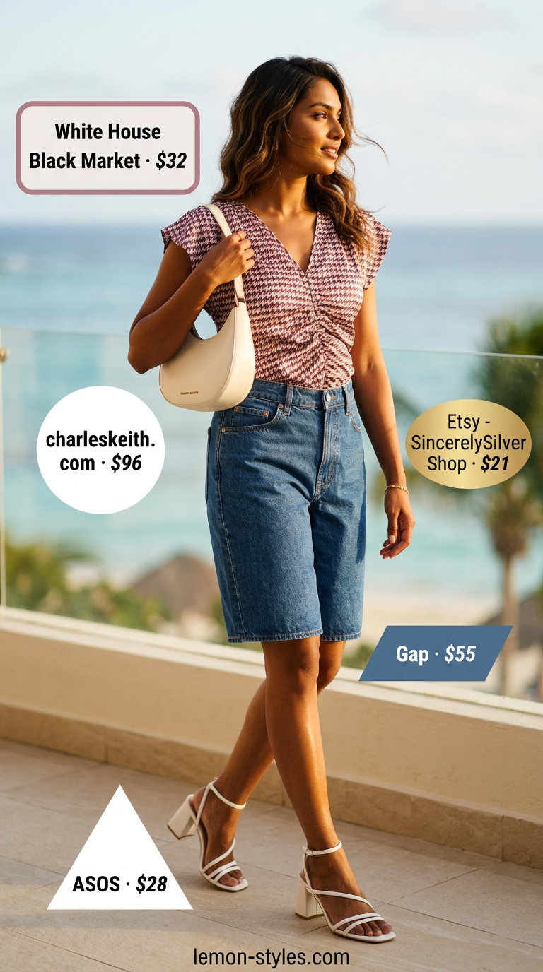 Elevated Denim Shorts: Summer Vacation Outfits 2026 Denim shorts, blush pink blouse, white heeled sandals, and shoulder bag for summer vacation capsule outfits for women 2026.
