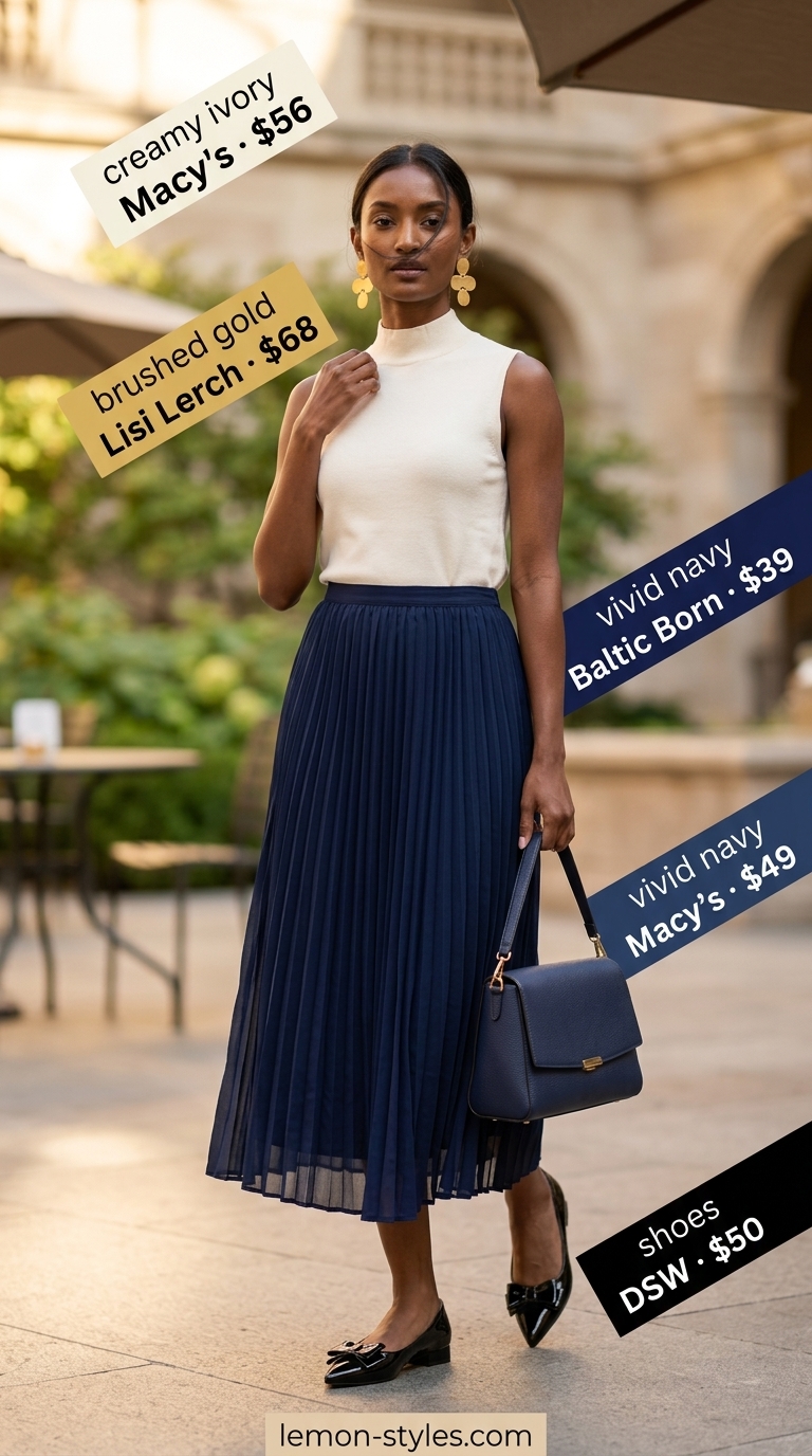 Summer Vacation Capsule Outfits 2026: Gallery Midi Skirt Elegant navy pleated midi skirt for summer vacation capsule outfits for women 2026. Gallery day sophistication.