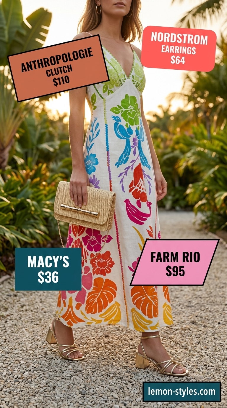 Summer Vacation Capsule Outfits 2026: Island Dinner Dress Romantic tropical floral maxi dress for summer vacation capsule outfits for women 2026. Ideal for resort dinners.