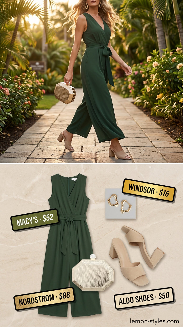Island Jumpsuit Ease 2026 | Chic Vacation Outfits Island jumpsuit ease for summer vacation capsule outfits for women 2026. Olive green wide-leg jumpsuit with cream heeled mules.