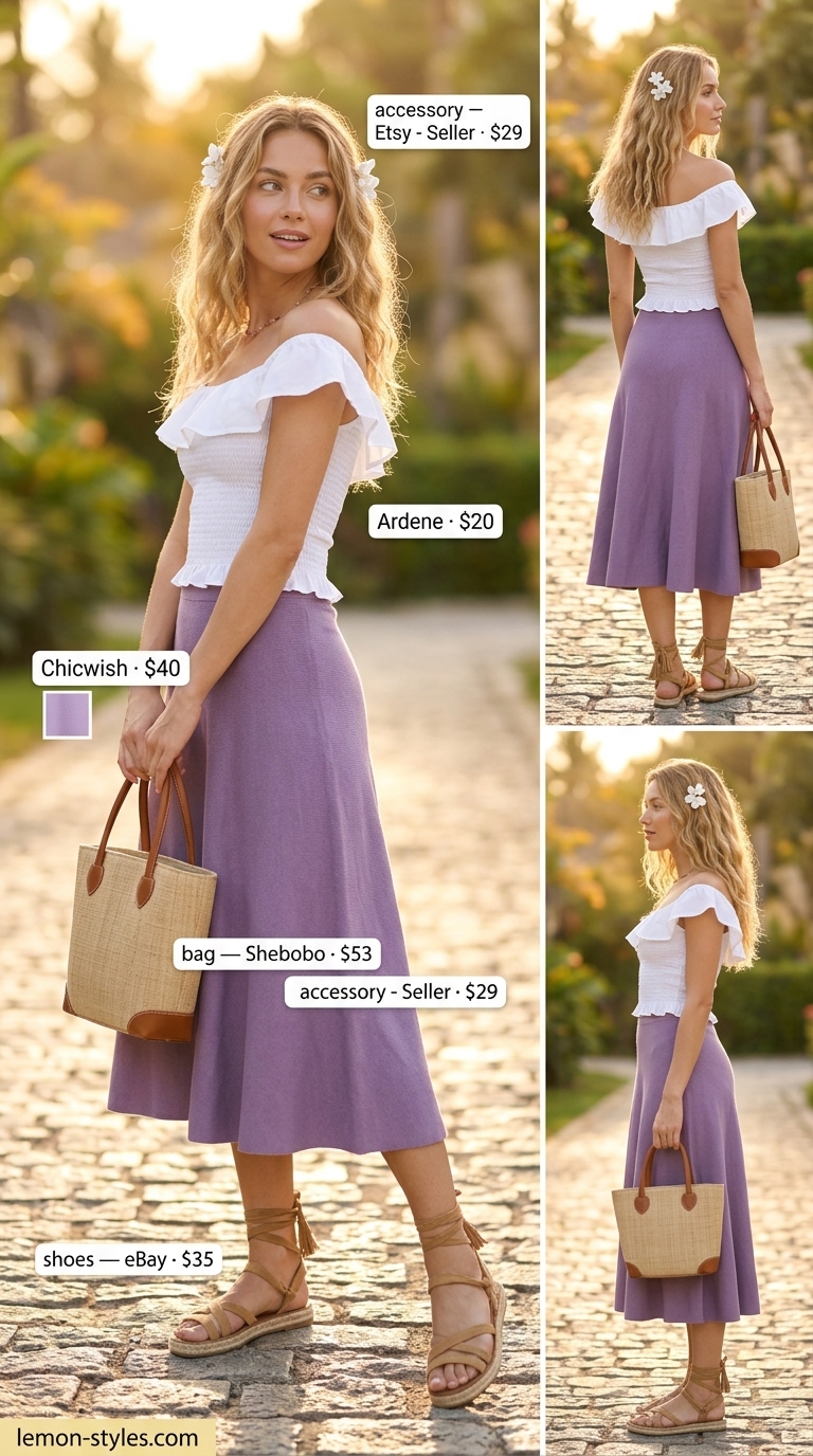 Summer Vacation Outfits 2026: Lavender Market Day Lavender midi skirt, white crop top & straw bag for summer vacation capsule outfits for women 2026.