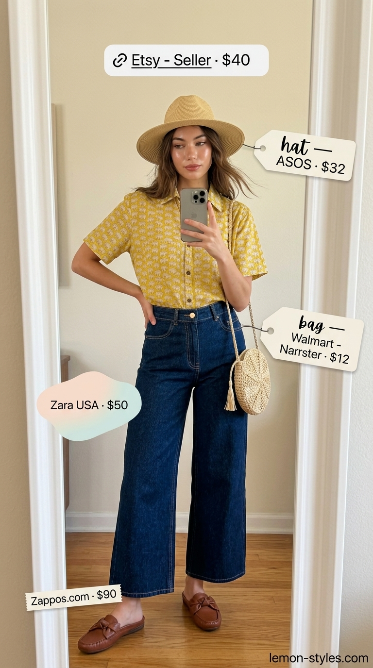 Summer Vacation Outfits 2026: Mediterranean Artwalk Indigo denim culottes, mustard yellow top & straw hat for summer vacation capsule outfits for women 2026.