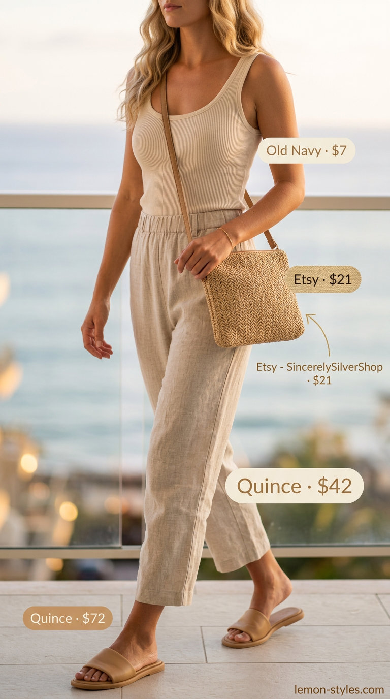 Linen Pants: Summer Vacation Outfits 2026 Beige linen pants, cream tank top, and leather slides for summer vacation capsule outfits for women 2026.