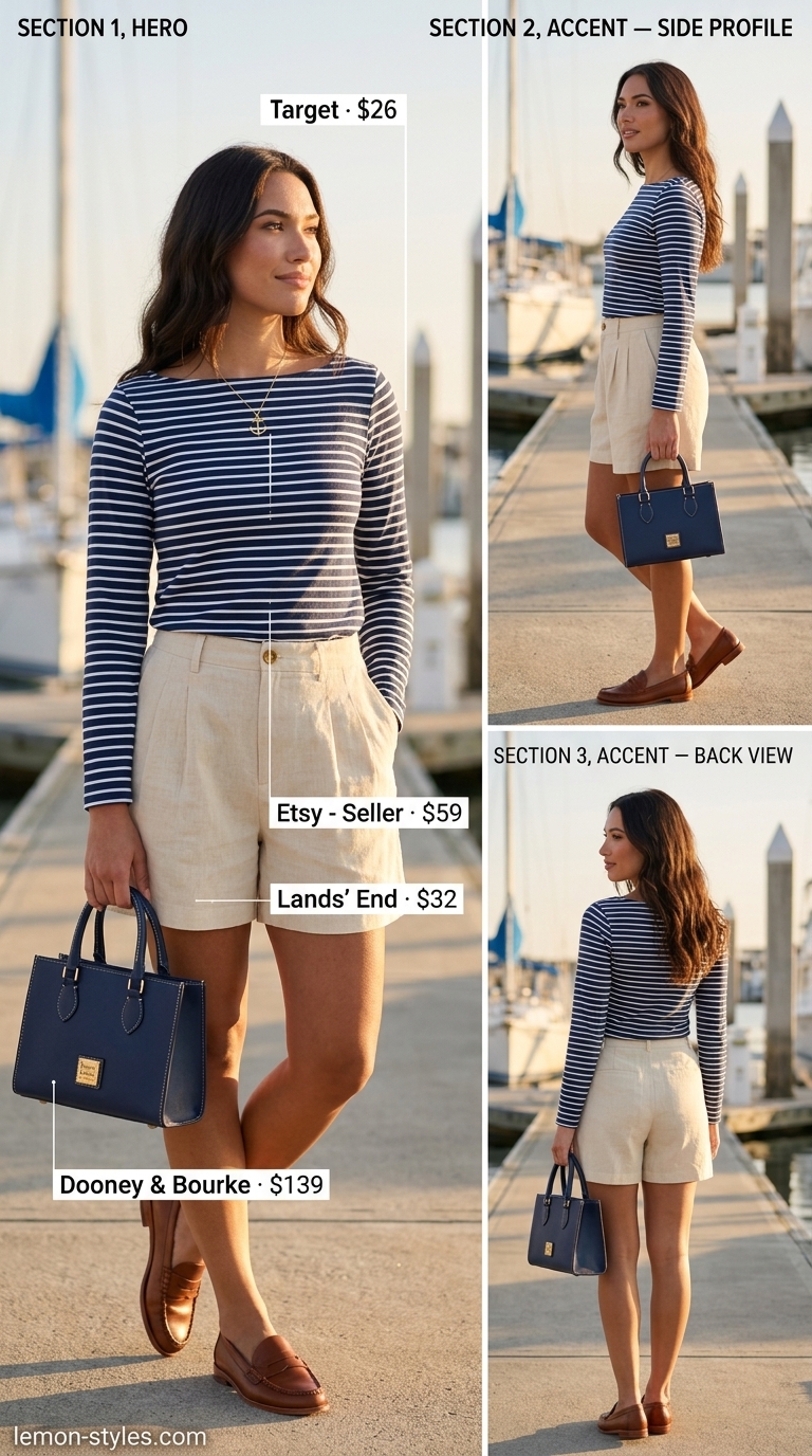Summer Vacation Capsule Outfits 2026: Nautical Stripe Top Classic navy stripe top for summer vacation capsule outfits for women 2026. Nautical yacht club style.