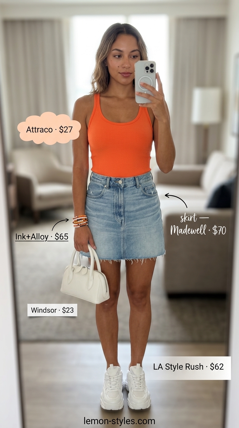 Summer Vacation Capsule Outfits 2026: Playful Orange Top Fun orange crop top for summer vacation capsule outfits for women 2026. Playful Palm Springs style.