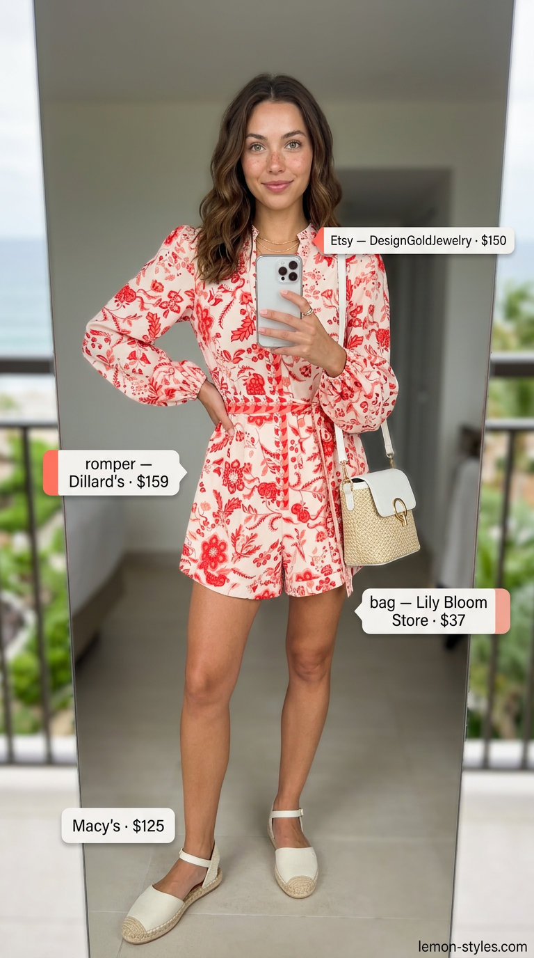 Playful Romper: Summer Vacation Outfits 2026 Coral and white floral romper with espadrilles and straw bag for summer vacation capsule outfits for women 2026.