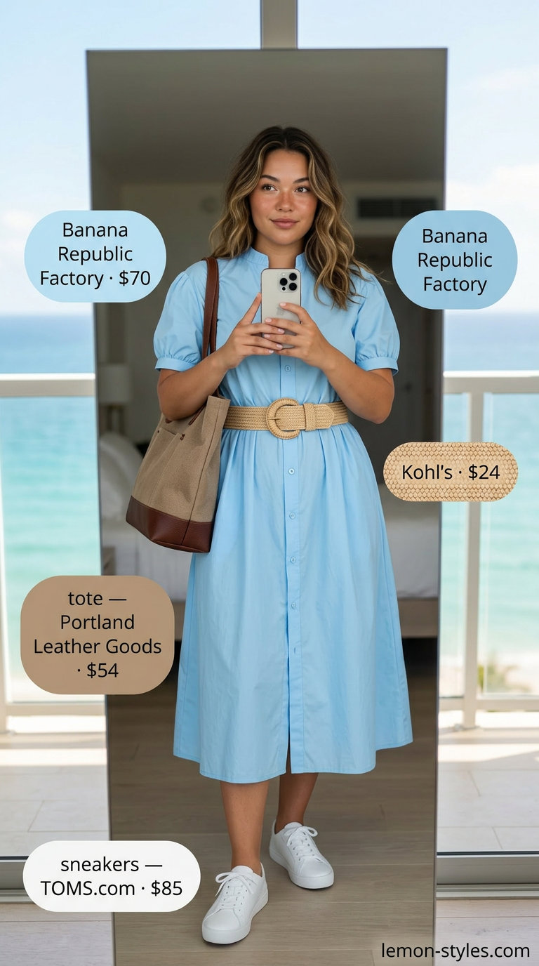 Relaxed Linen Shirt Dress 2026 | Casual Vacation Outfits Relaxed linen shirt dress for summer vacation capsule outfits for women 2026. Soft blue dress with straw belt and white sneakers.