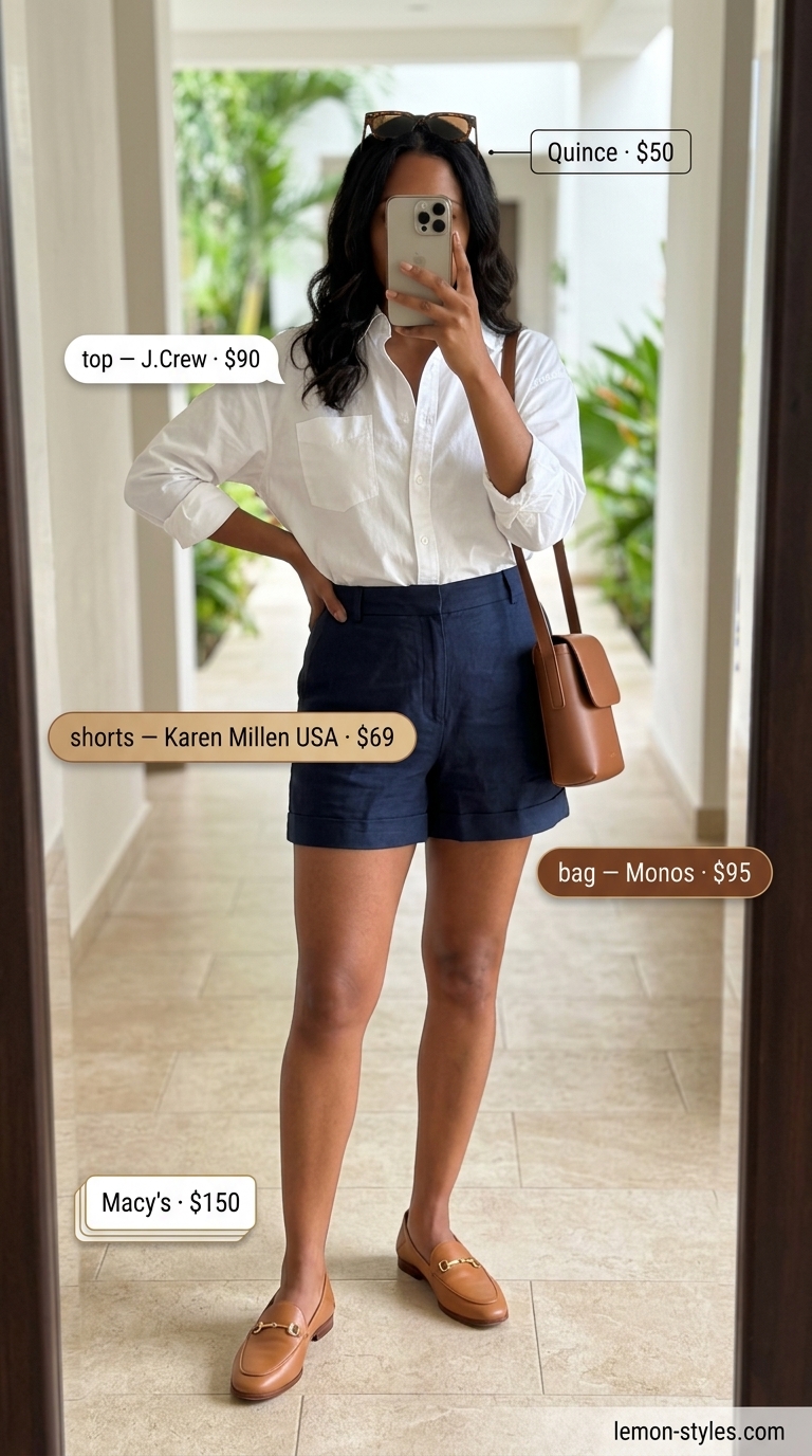 Summer Vacation Outfits 2026: Riviera Explorer Ensemble Navy linen shorts, white button-down & tan loafers for summer vacation capsule outfits for women 2026.