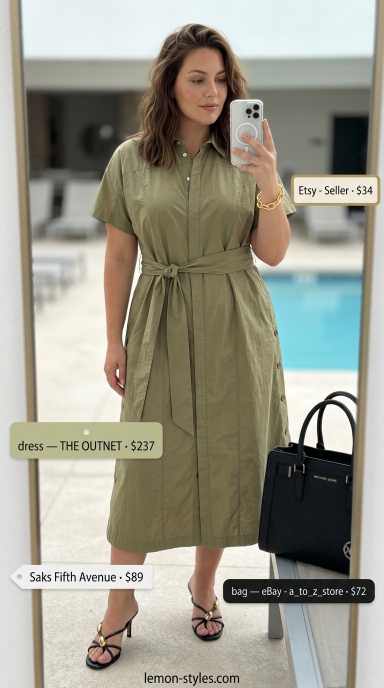 Chic Safari Shirt Dress for Summer Vacation Outfits 2026 Olive green shirt dress outfit for women, perfect for summer vacation capsule outfits 2026. Sleek and polished.
