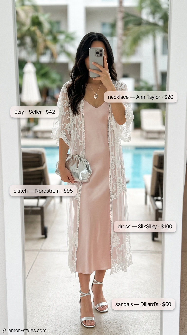 Slip Dress: Summer Vacation Outfits 2026 Blush pink slip dress, silver heeled sandals, clutch, and kimono for summer vacation capsule outfits for women 2026.