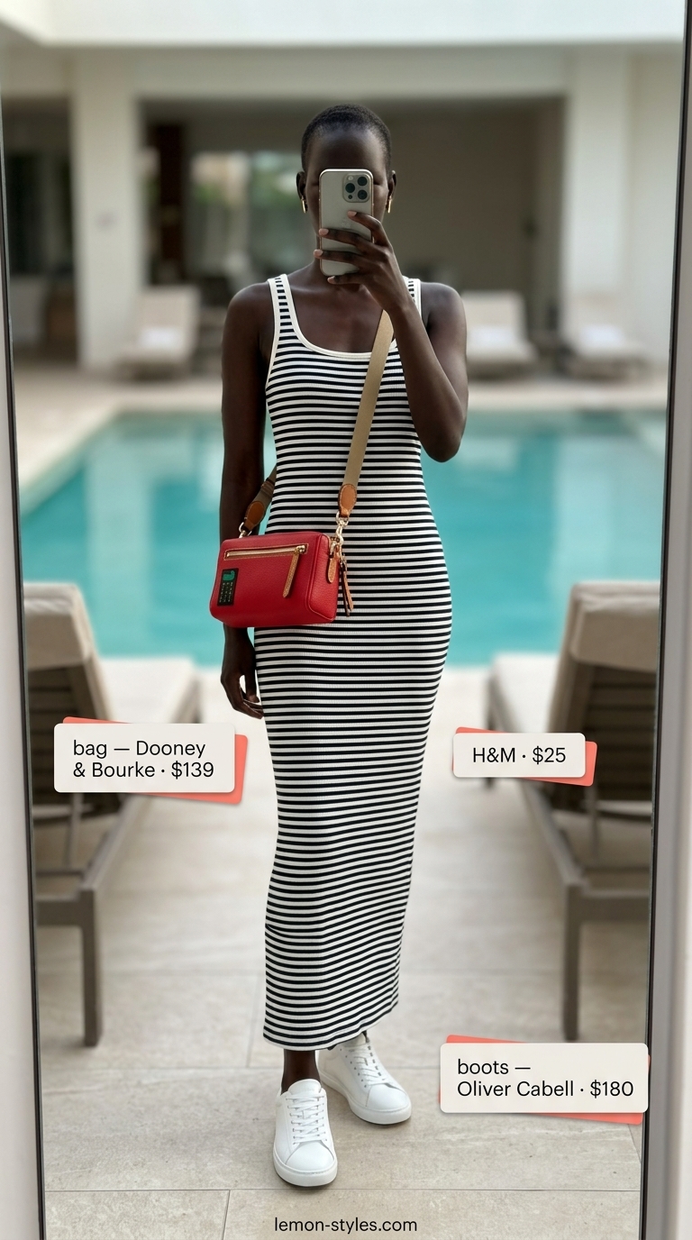 Nautical Stripe Maxi Dress for Summer Vacation Outfits 2026 Navy and white stripe maxi dress outfit for women, ideal for summer vacation capsule outfits 2026. Nautical style.