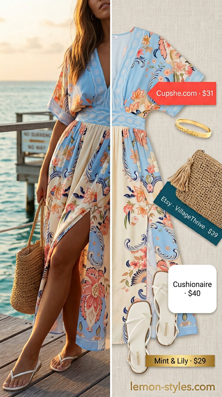 Coral floral maxi dress with teal accents, cream sandals, and straw clutch for summer vacation capsule outfits for women 2026.