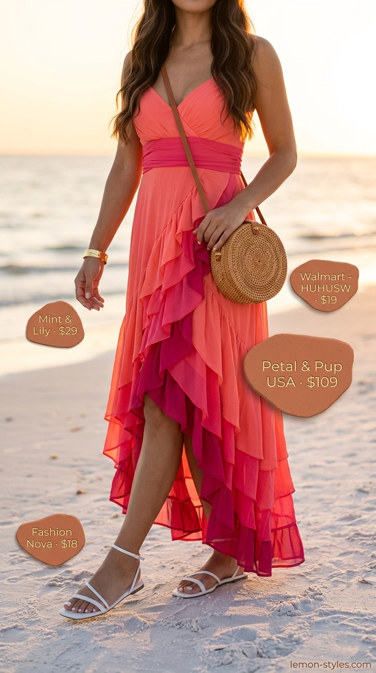 Sunset Maxi Dress: Summer Vacation Outfits 2026 Coral maxi dress with white sandals, straw bag, and gold jewelry for summer vacation capsule outfits for women 2026.